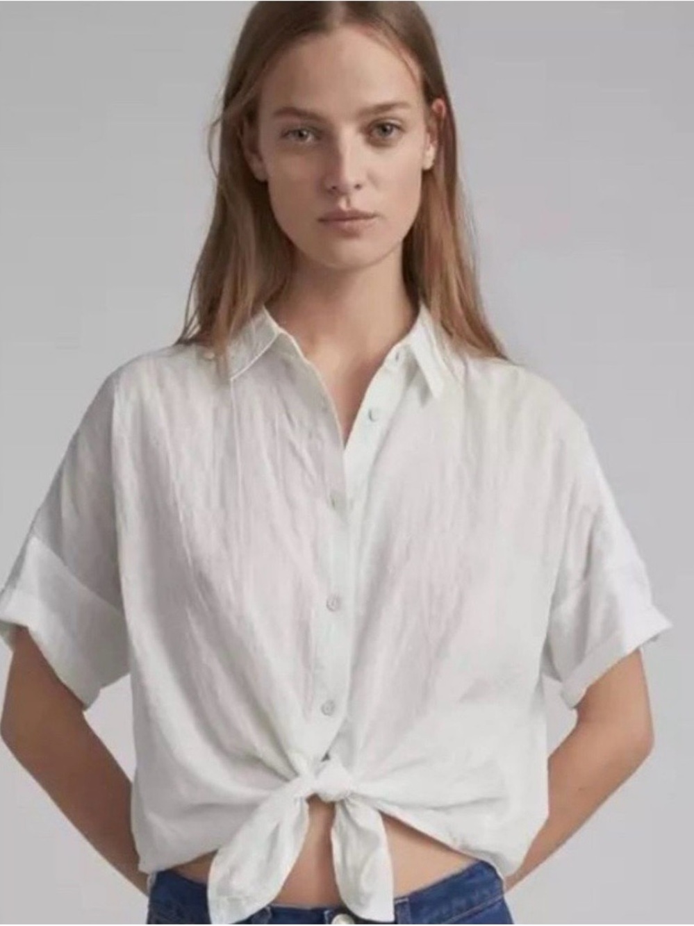 rag & bone White Tie-Front Short Sleeve Button Shirt